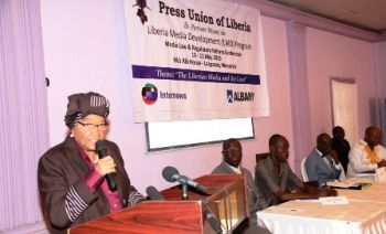 President Sirleaf making remarks at the Media Law and  Regulatory Conference in Monrovia.